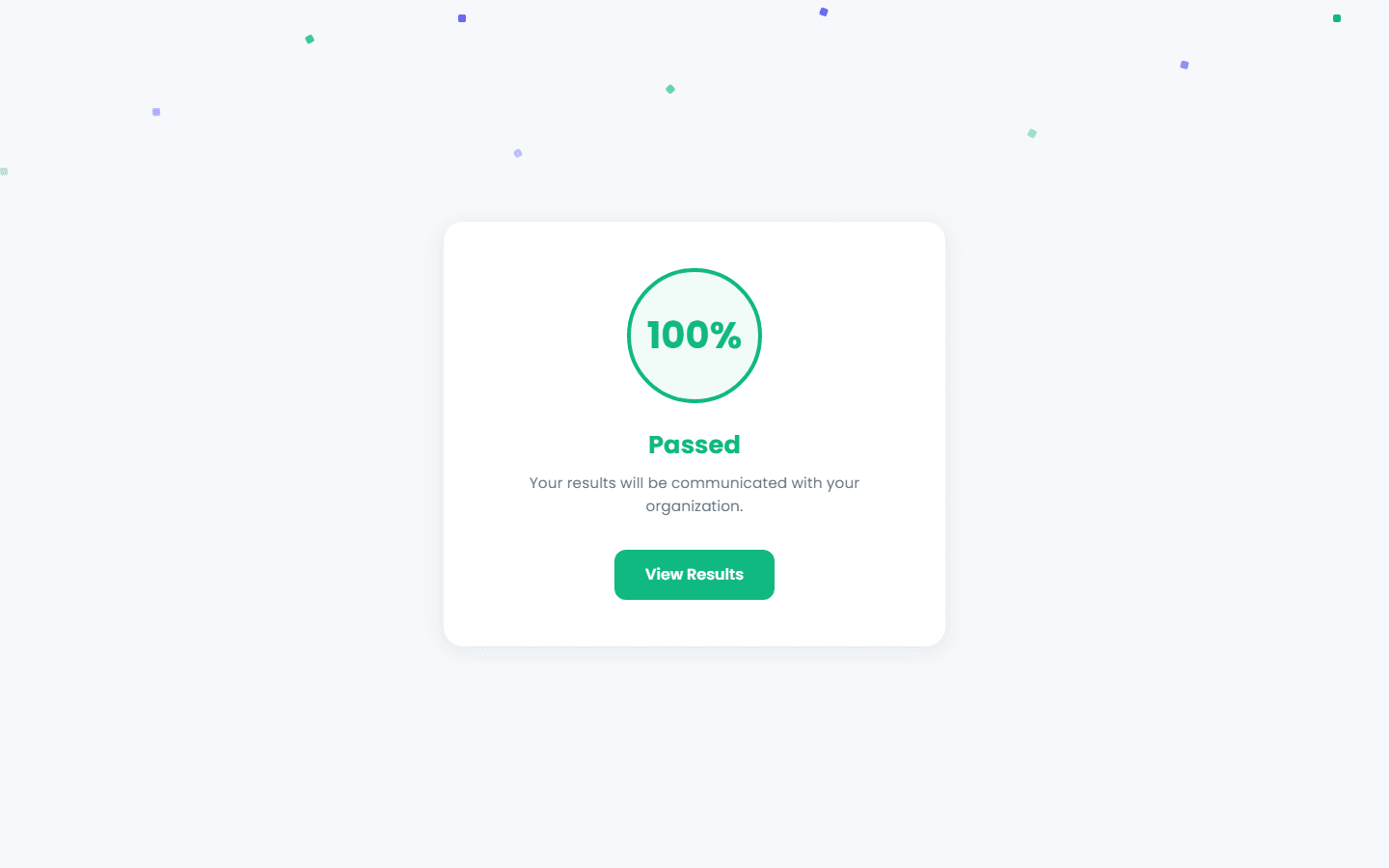 Carte de résultat après la soumission affichant un score de 100 %, le statut réussi et le bouton Voir les résultats