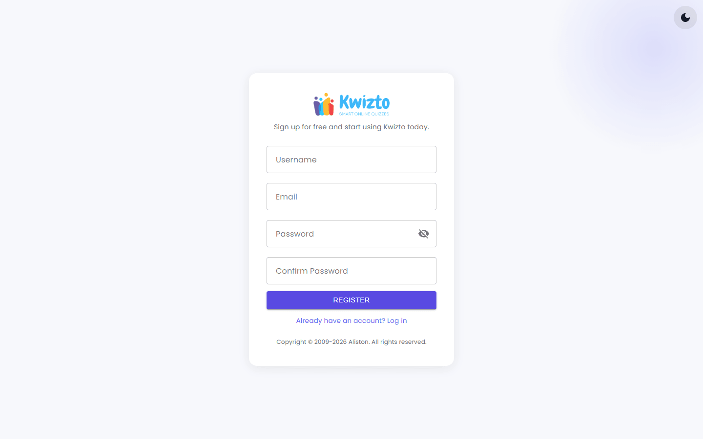 Formulaire d'inscription Kwizto avec les champs nom d'utilisateur, e-mail, mot de passe et confirmation du mot de passe