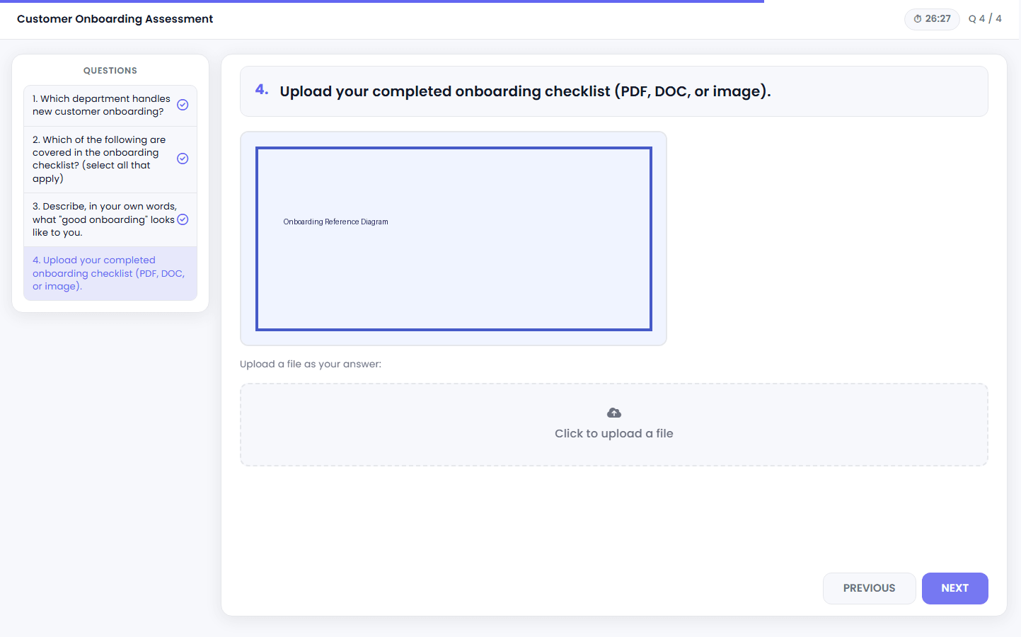 Question Téléversement de fichier avant l'envoi, avec le document de référence joint affiché après le texte de la question et la zone de téléversement