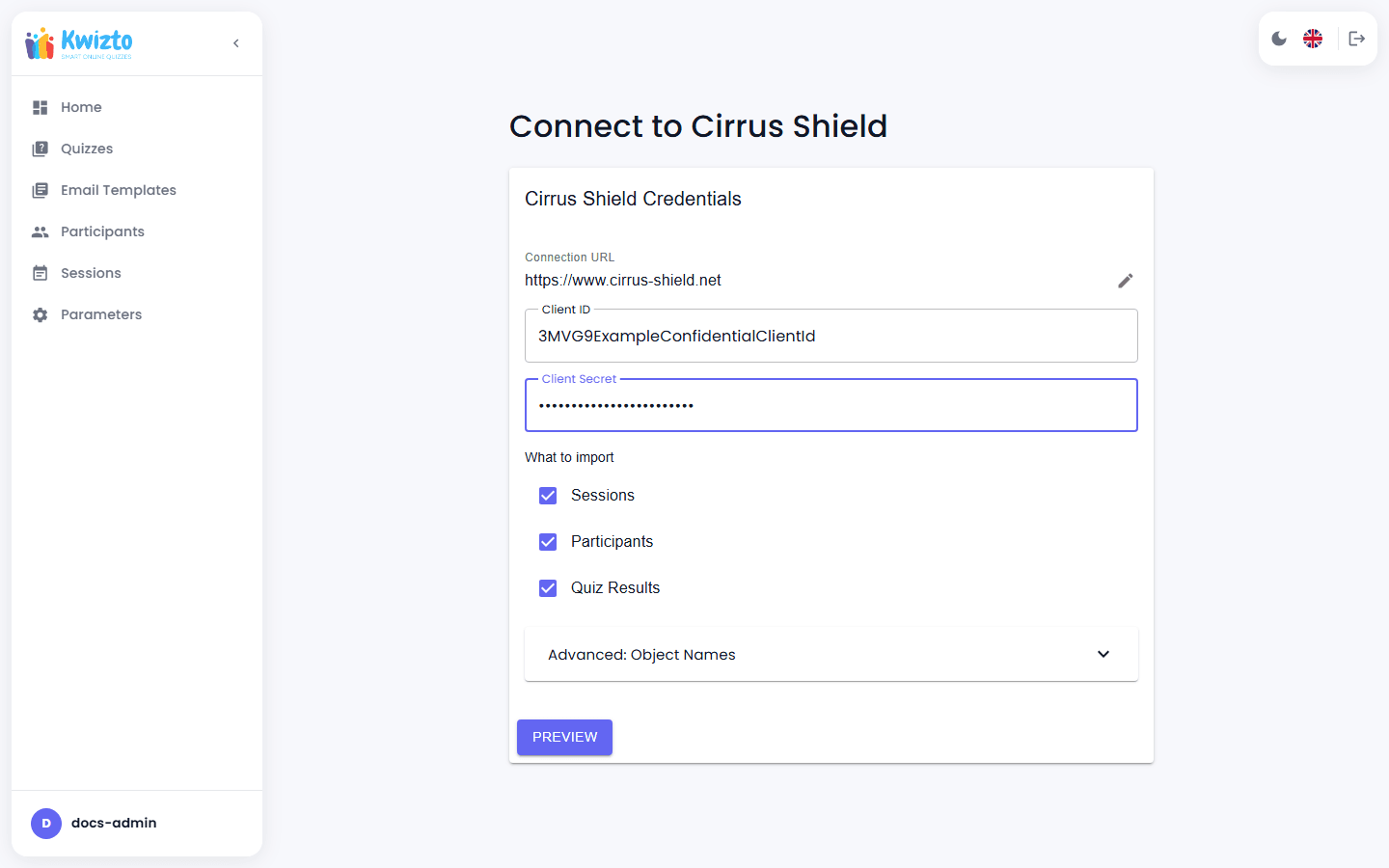 Assistant de connexion à Cirrus Shield rempli avec un ID client d'exemple et une clé secrète masquée, avant le clic sur Aperçu