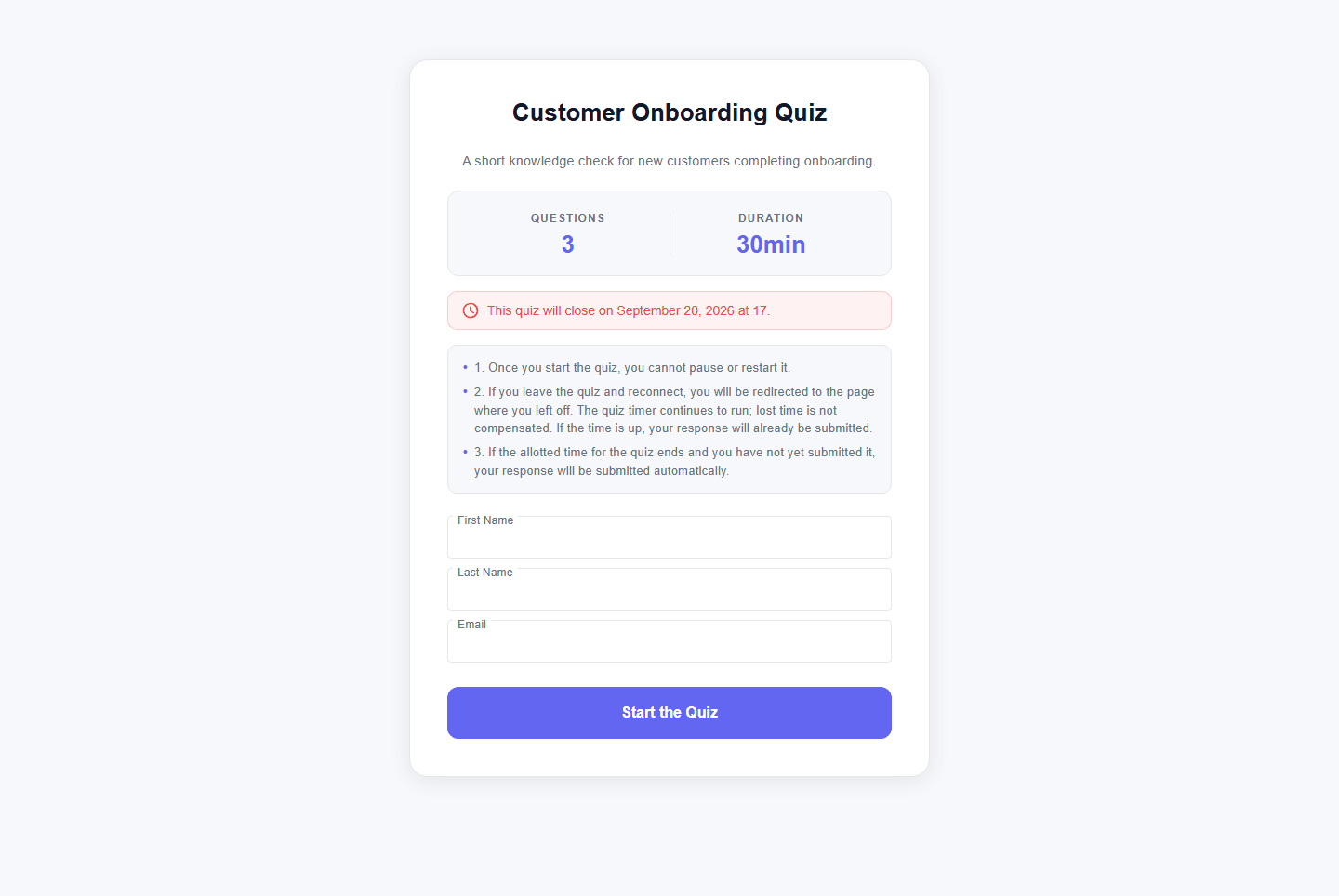 Page de démarrage du questionnaire avec son nom et sa description, le nombre de questions, la durée, la date de fermeture, les règles et le bouton de démarrage