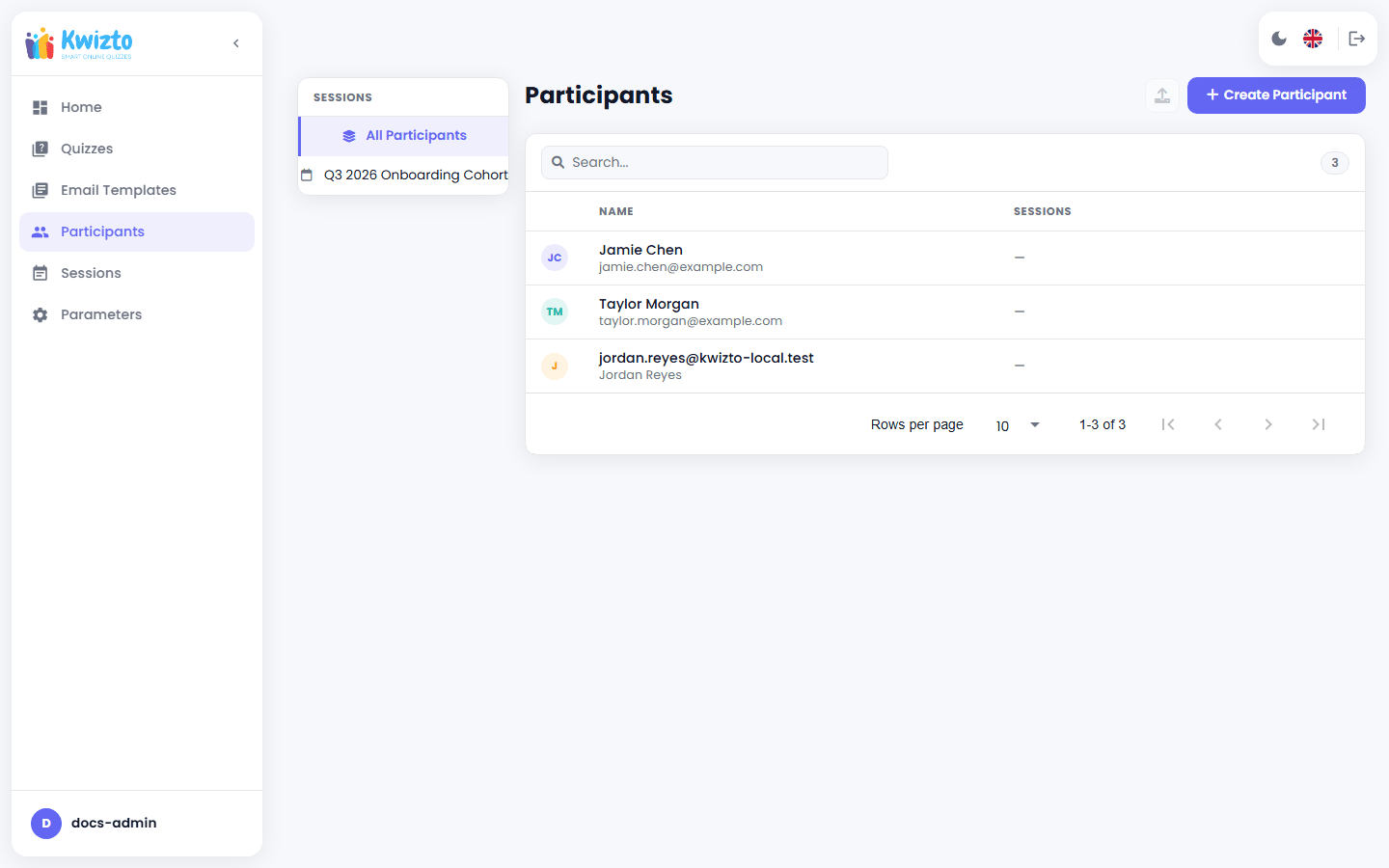 Page Participants avec le filtre par session à gauche, un champ de recherche et la liste des participants avec leur nom et leur e-mail