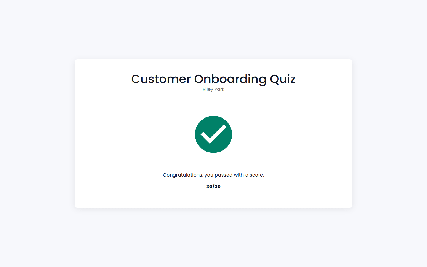 Page de résultats du participant avec un message de félicitations et le score 30/30