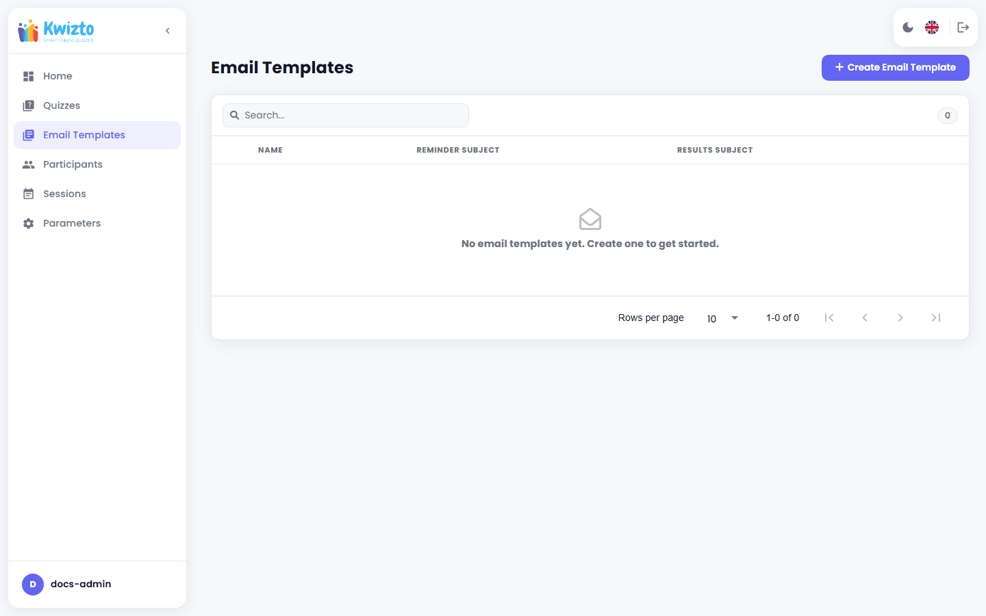 Page Modèles de mails avec un champ de recherche, la liste des modèles et le bouton de création de modèle