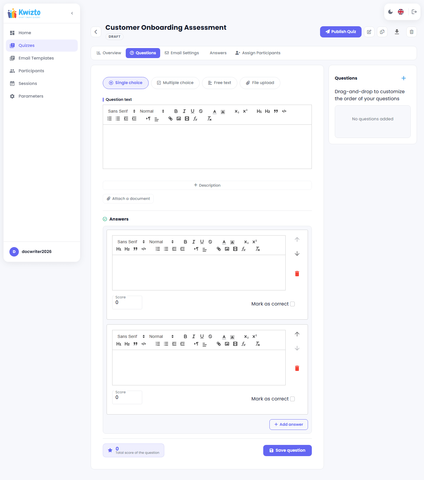 Éditeur de question avec le type Choix unique sélectionné : deux réponses, chacune avec un score et une case Marquer comme correcte