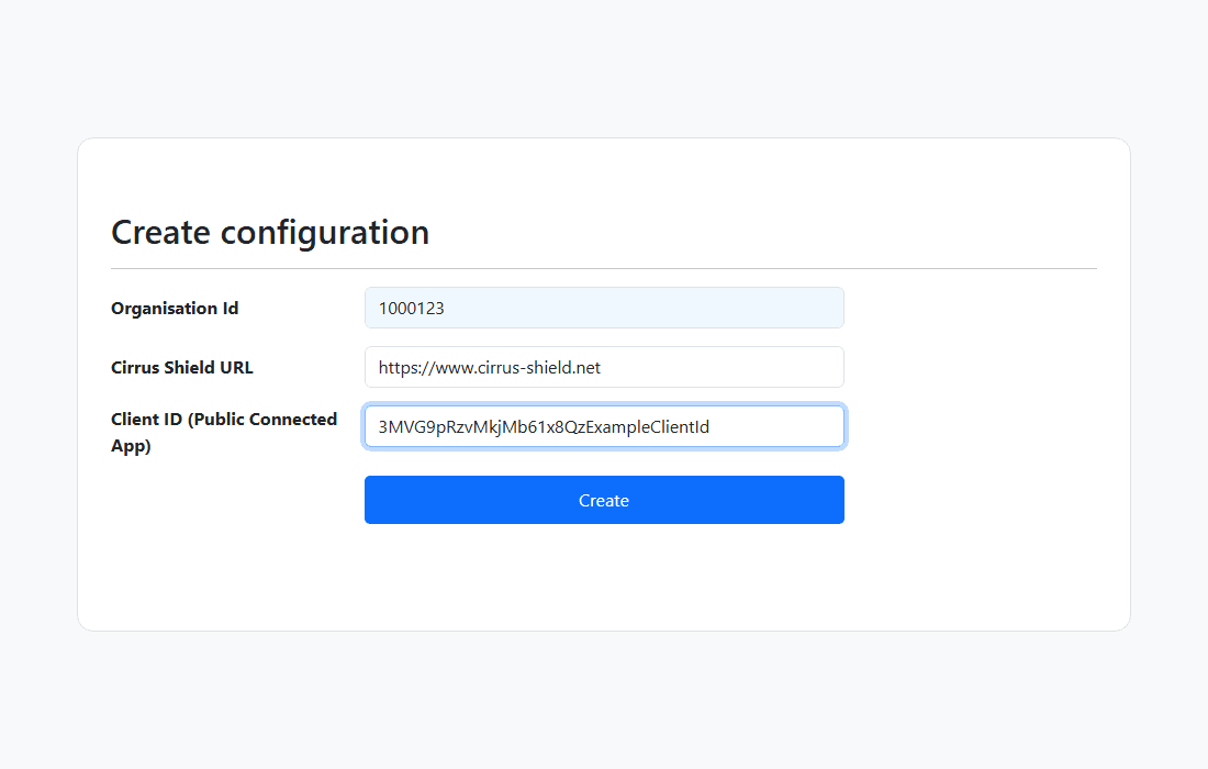 Page de configuration Kwizto avec les champs Organisation Id, Cirrus Shield URL et Client ID, et un bouton Create