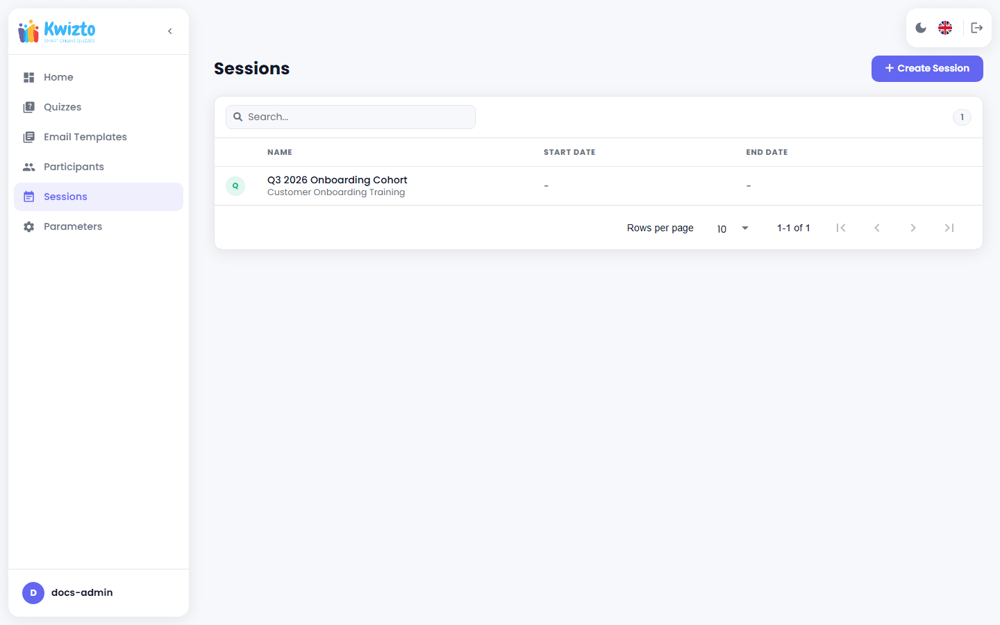 Page Sessions listant une session de formation avec son nom, sa date de début et sa date de fin, et le bouton de création de session