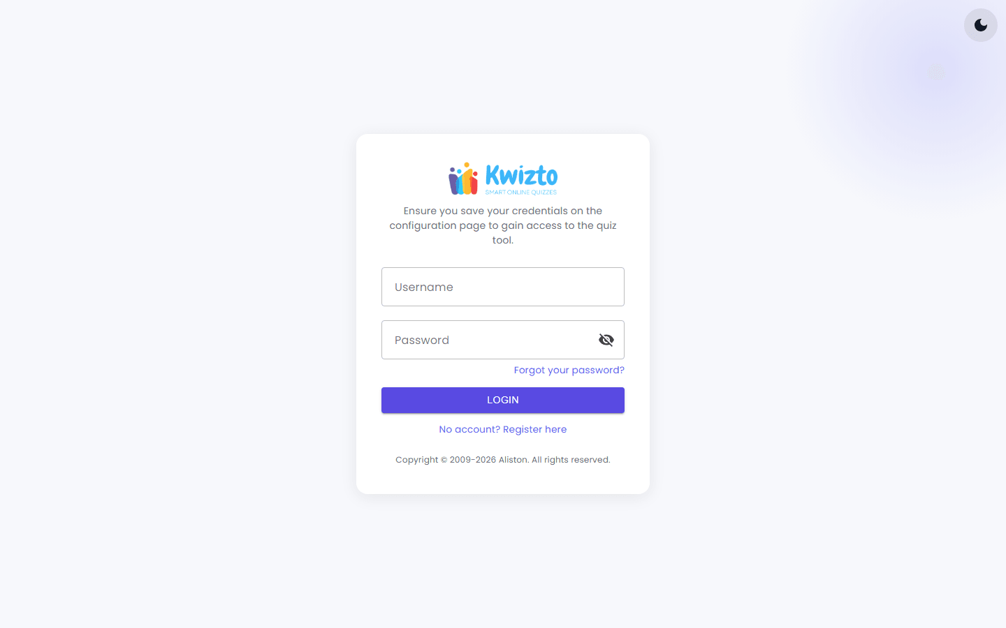 Page de connexion Kwizto avec les champs nom d'utilisateur et mot de passe, le lien de mot de passe oublié, le bouton de connexion et le lien d'inscription