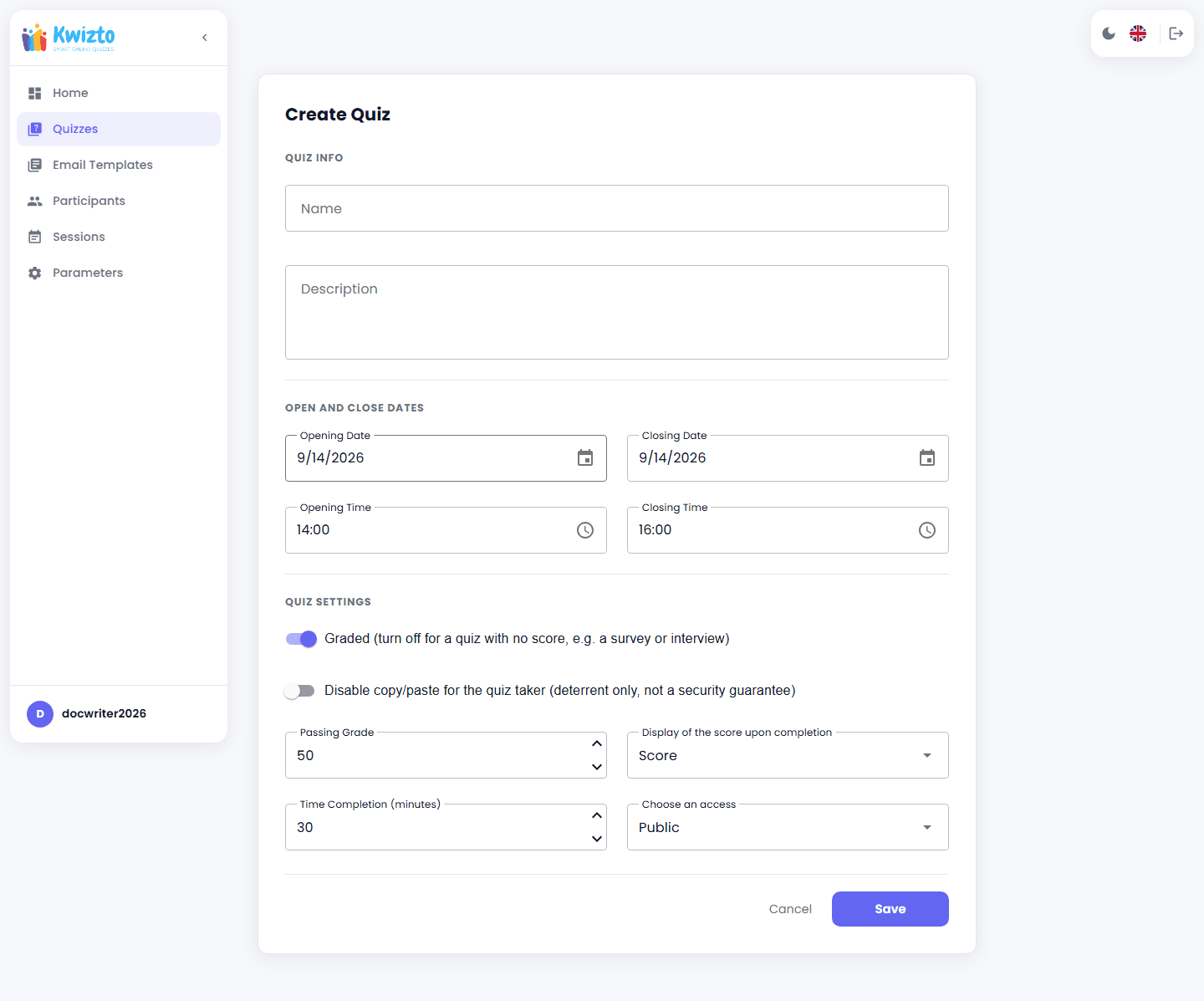 Formulaire Créer un questionnaire avec le nom, la description, les dates d'ouverture et de fermeture, les options Noté et copier-coller, la note de passage et l'accès