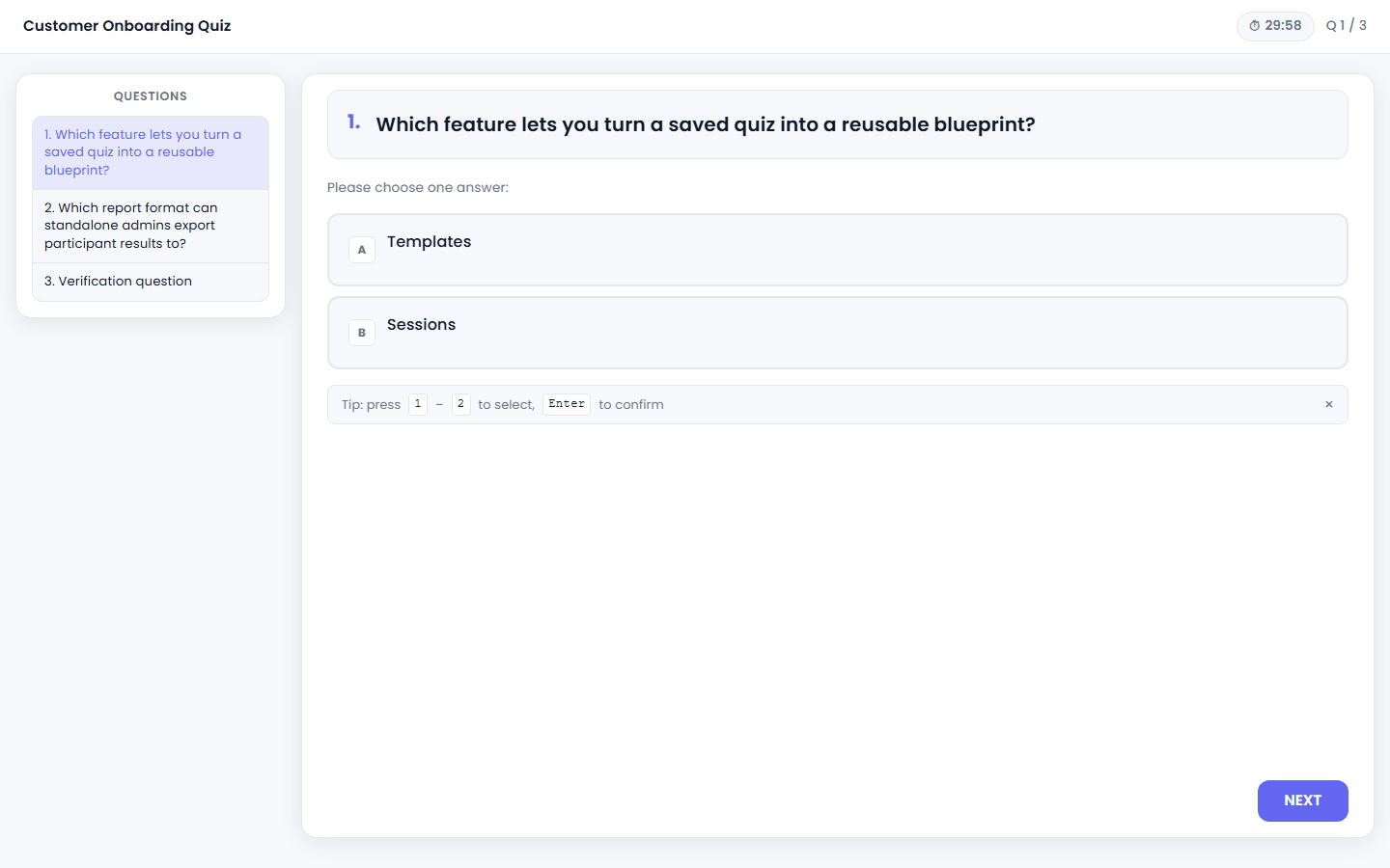 Question à choix unique pendant la tentative, avec les cartes de réponse A et B et une astuce sur les raccourcis clavier