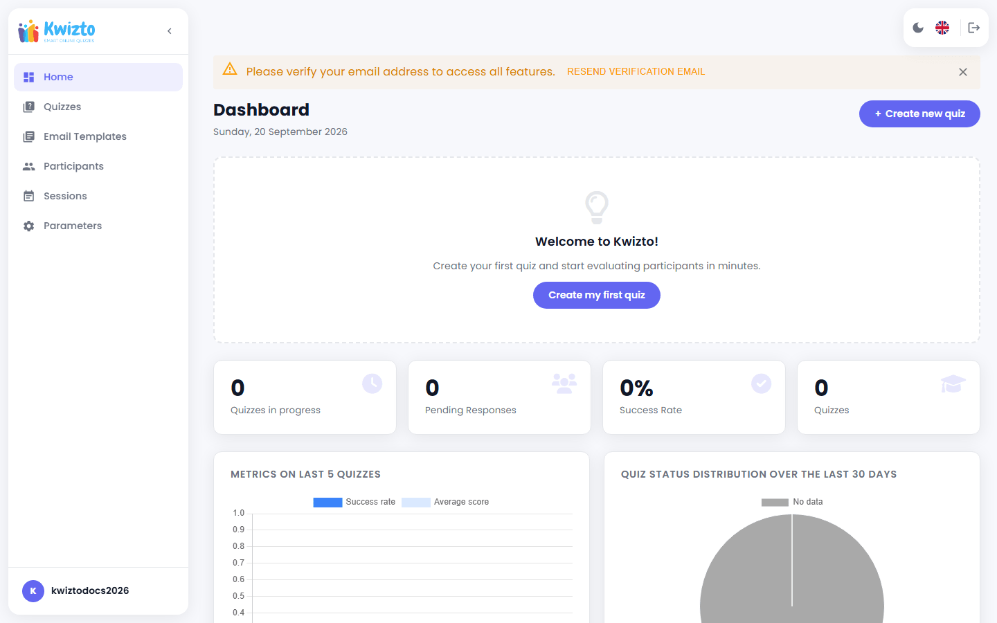 Tableau de bord d'un nouveau compte autonome avec le bandeau de bienvenue et le menu de navigation complet